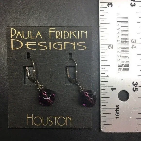 Paula Fridkin Designs Earrings Houston Purple Faceted Gunmetal Silver Dangle - Picture 3 of 3